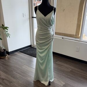 Satin Mint Maxi Slip Dress with Side Ruched Detail